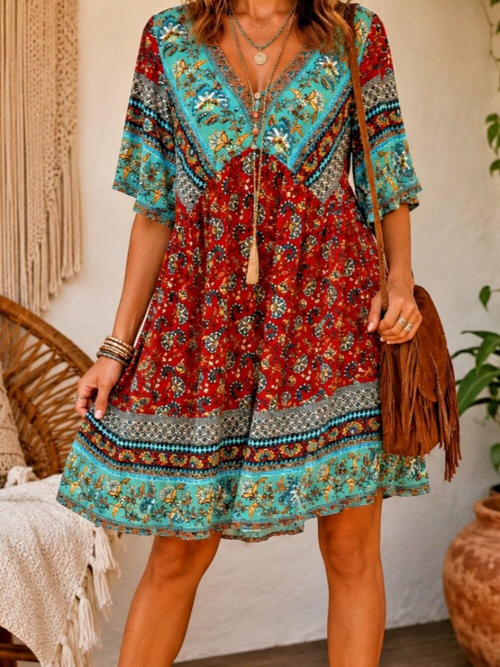 Suzanne Betro Womens Bohemian half Sleeve Red Floral Multi Hippie Boho, Sz M